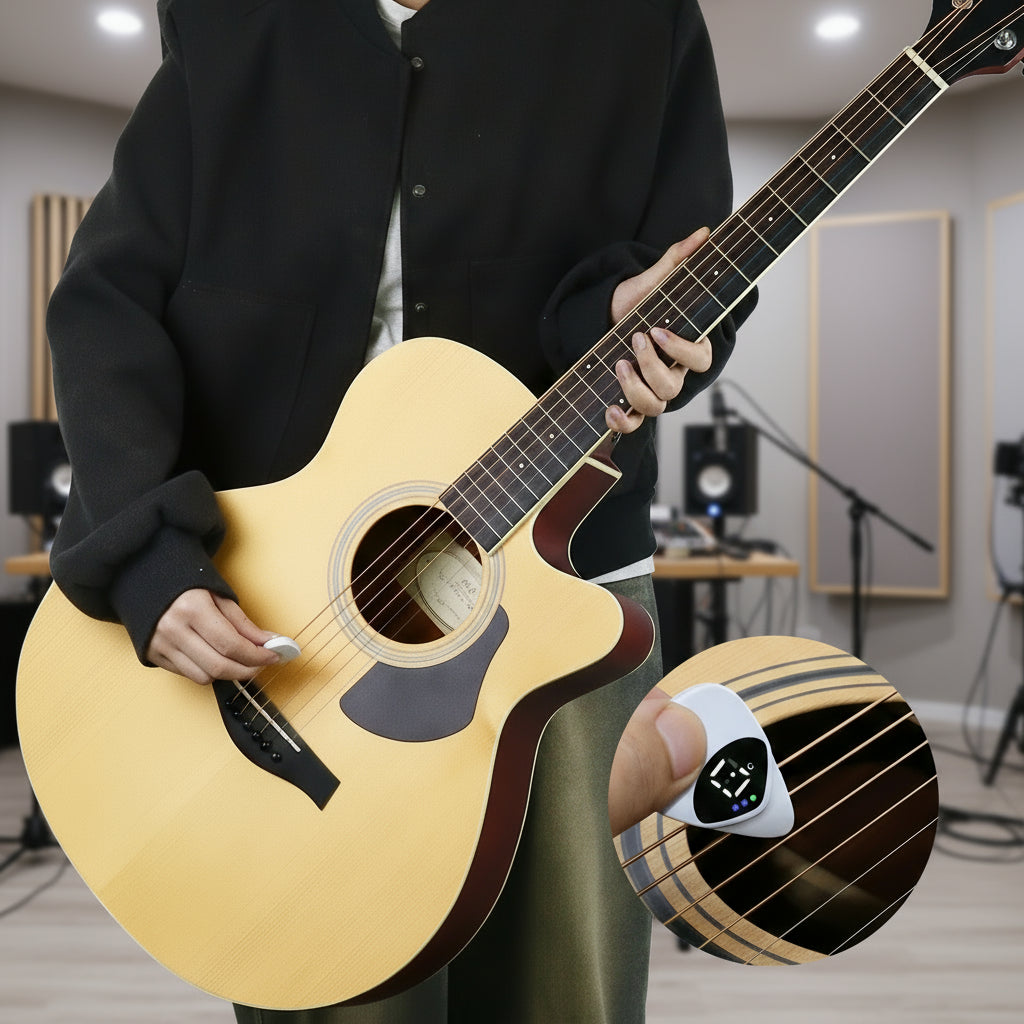 Person holding an acoustic guitar with a close-up of a digital tuner on a white background